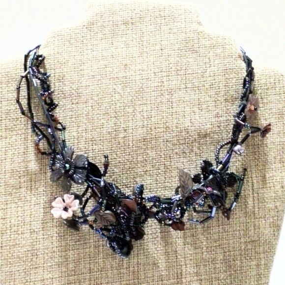 Woven Flower Themed Blue and Brown Multi Strand Beaded Necklace - Picture 1 of 7